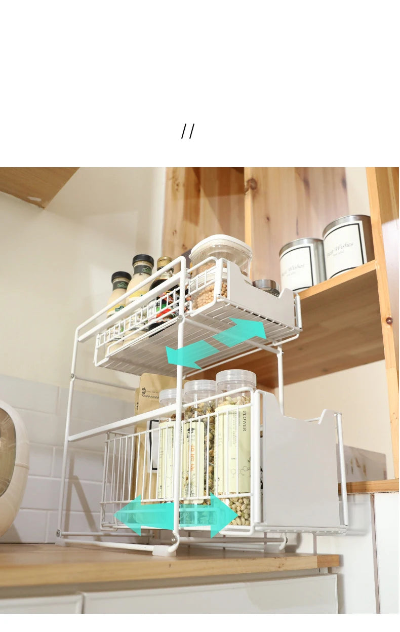 Under The Kitchen Sink Storage Rack Drawer Type Can Be Pushed and Pulled Under The Cabinet Telescopic Double Shelf